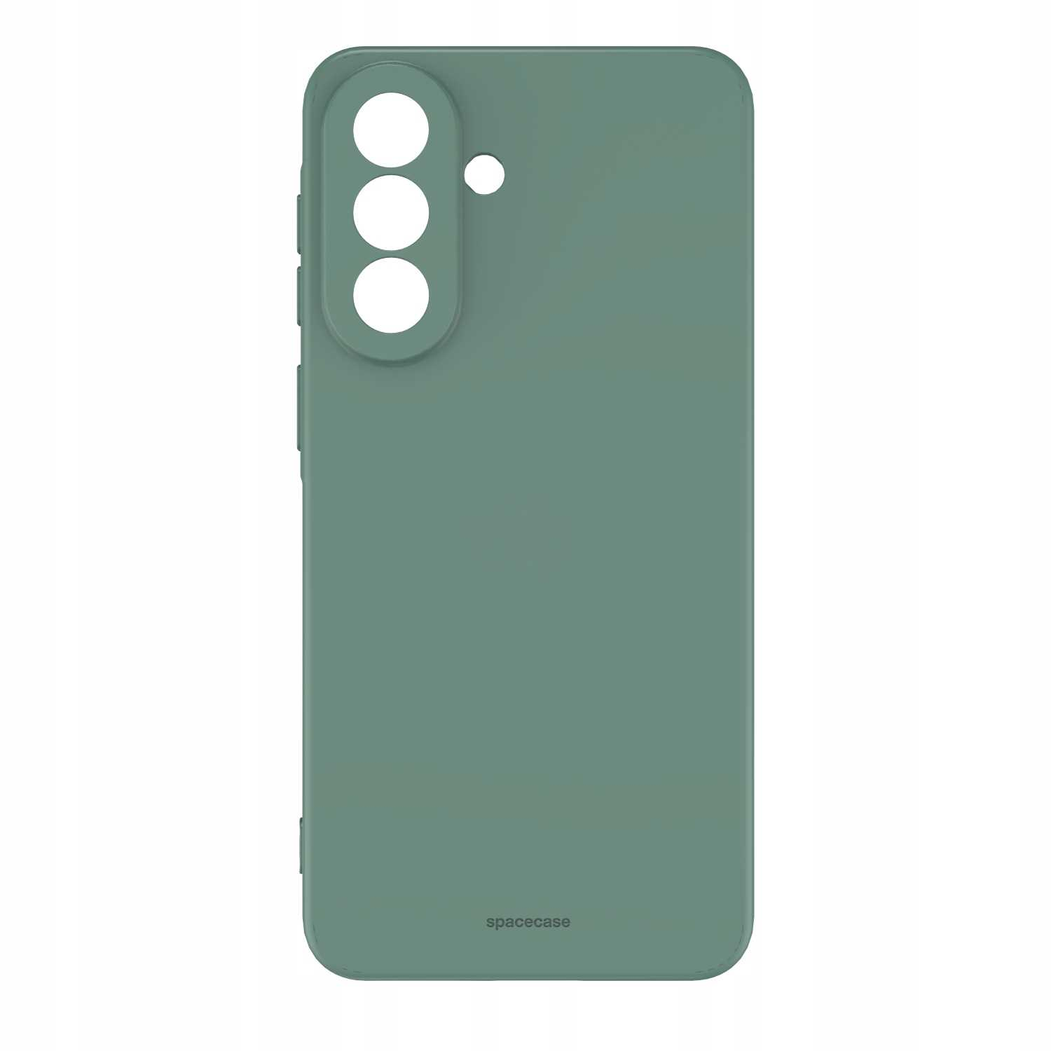 Zielone etui na telefon z trzema okrągłymi wycięciami na aparat i pojedynczym otworem.