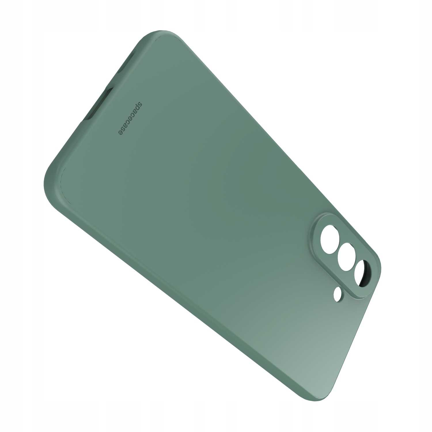 Zielone etui na telefon z trzema okrągłymi otworami na aparat i jednym małym otworem.