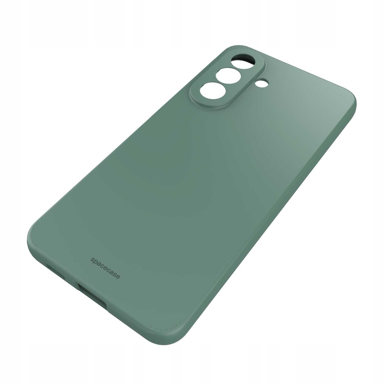 Zielone etui na telefon z wycięciami na aparat i logo.