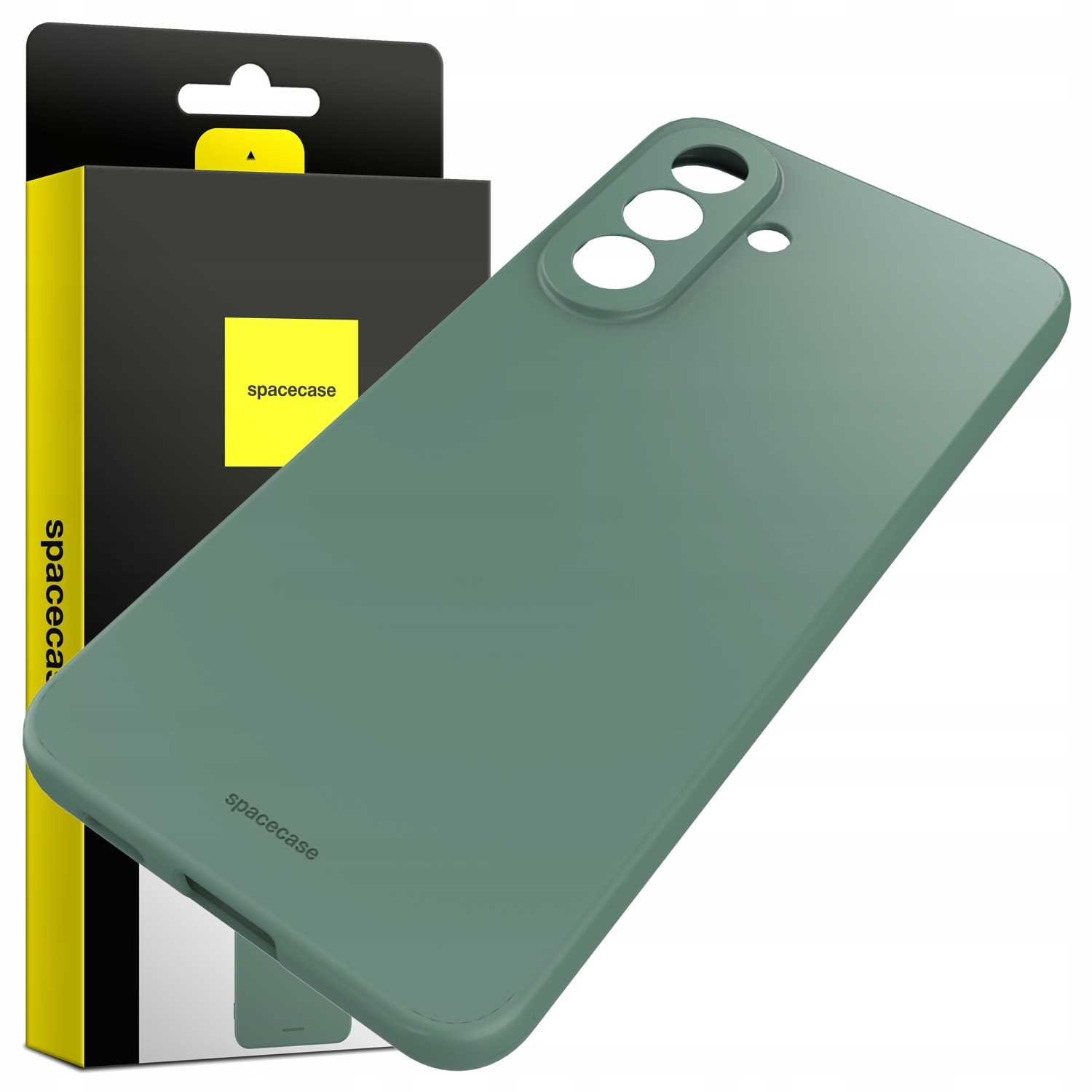 Zielone etui na telefon obok czarno-żółtego opakowania z logo 'spacecase'.