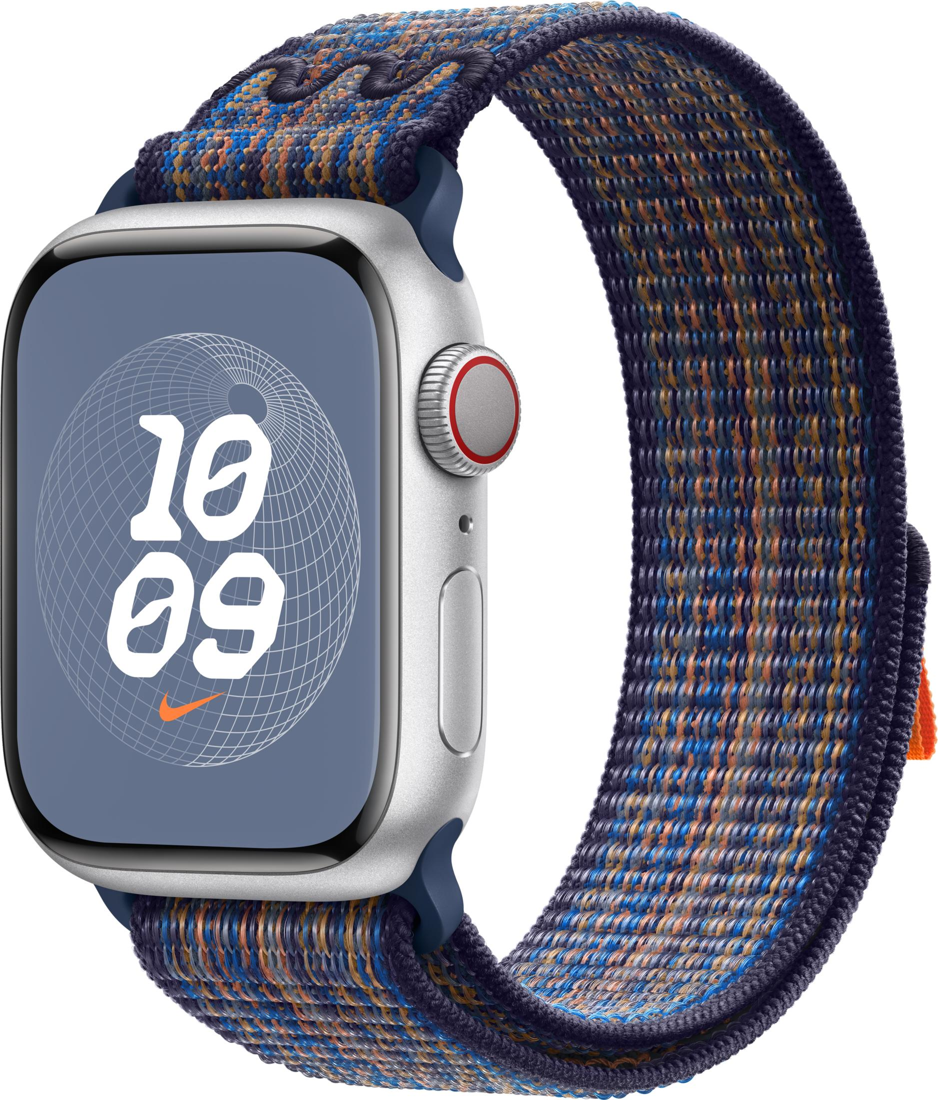 Silberne Smartwatch mit mehrfarbigem Stoffarmband und Weltkarten-Zifferblatt.