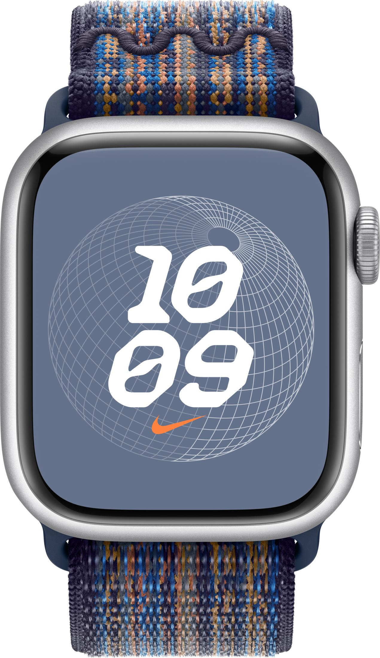 Graues Apple Watch Display mit Weltkarte und Zeit 10:09. Buntes Armband.