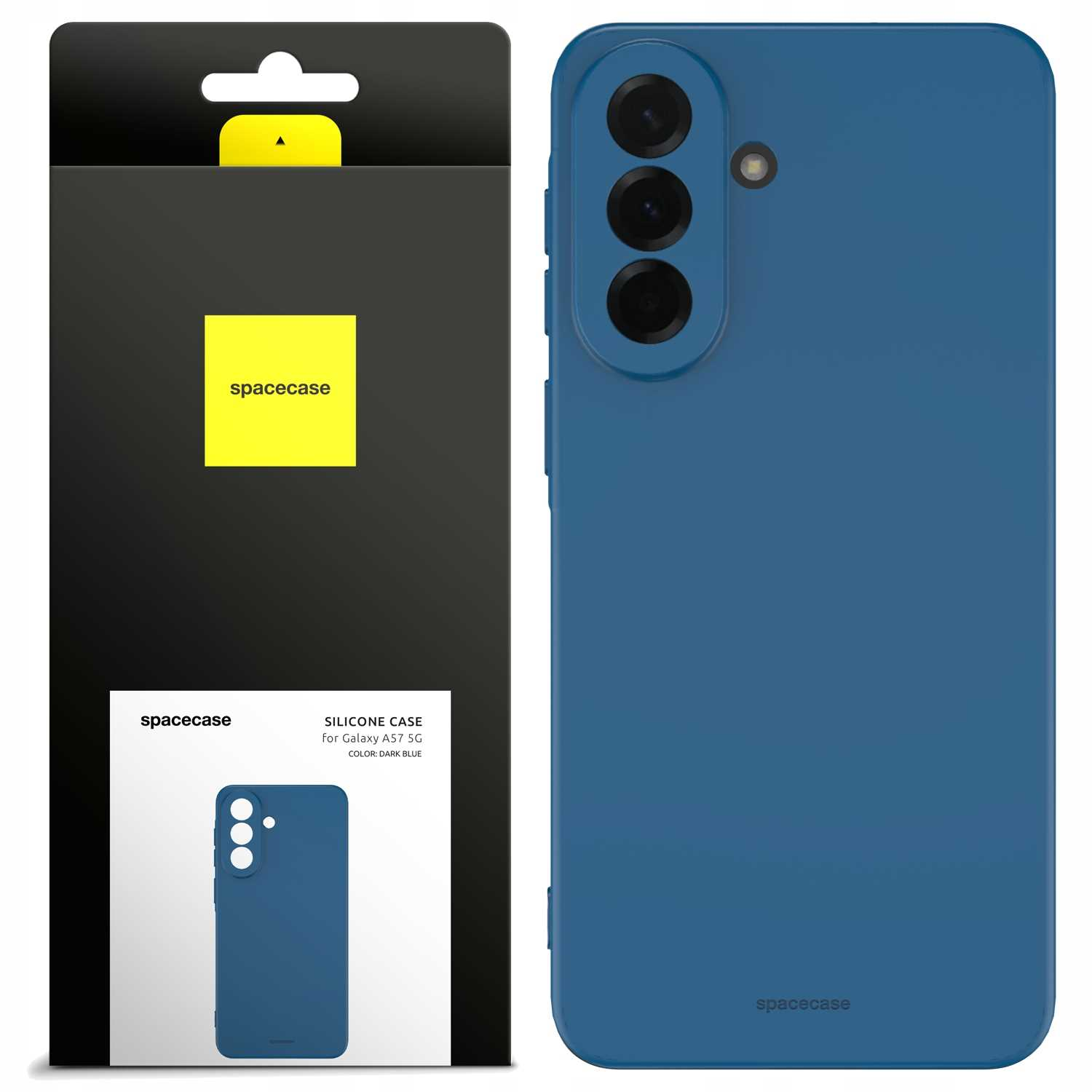 Ciemnoniebieskie silikonowe etui Spacecase na telefon Galaxy A57 5G z wycięciem.