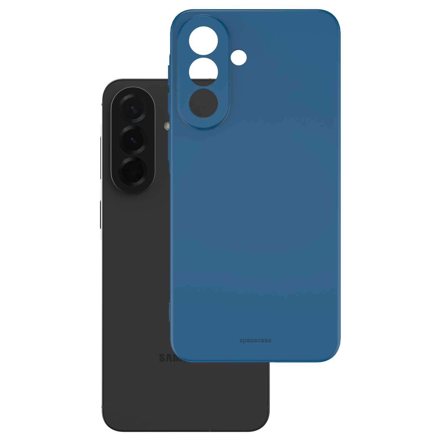 Czarny smartfon znajduje się za niebieskim etui. Białe tło.