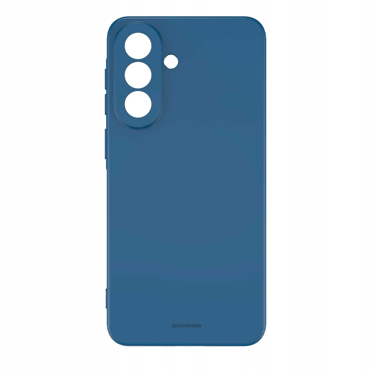 Niebieskie etui na telefon z trzema okrągłymi wycięciami na aparat i mniejszym kółkiem.