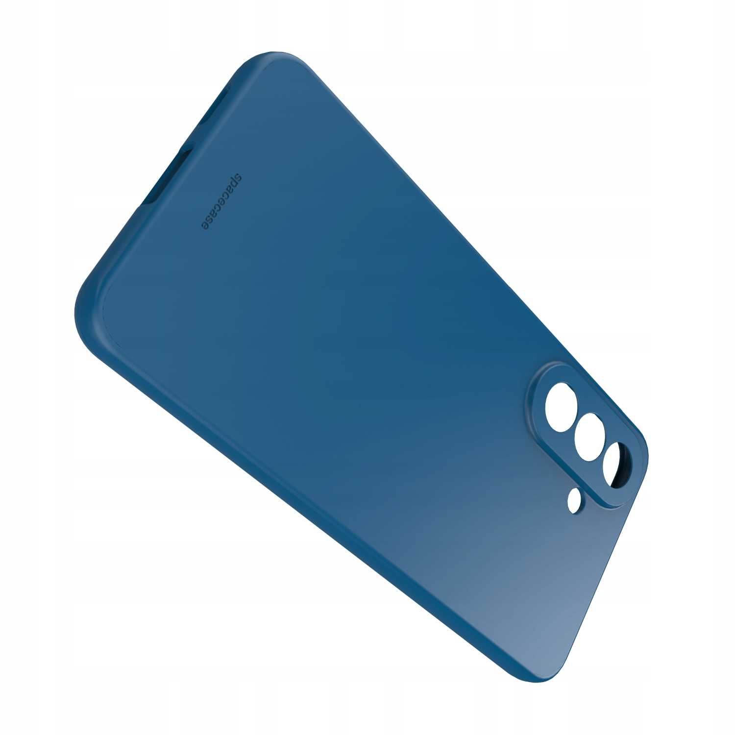 Niebieskie etui na telefon z trzema wycięciami na aparat i jednym dodatkowym otworem.