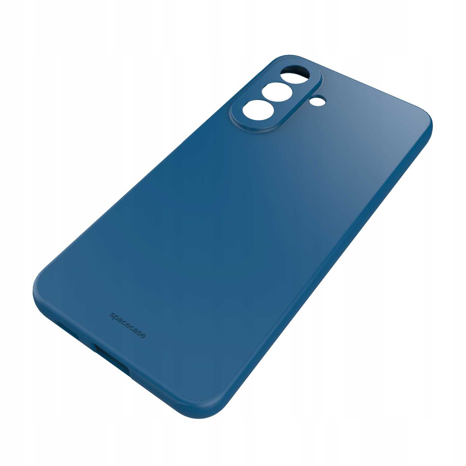 Granatowa obudowa na telefon z trzema wycięciami na aparat i napisem 'spacecase'.