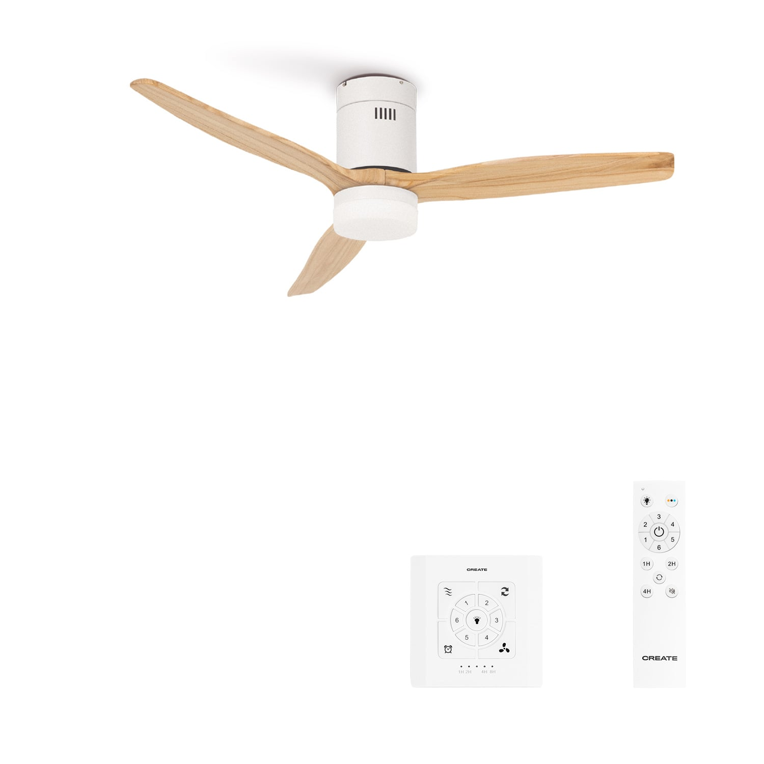 Un ventilador de techo blanco con aspas de madera, panel de control blanco y mando.