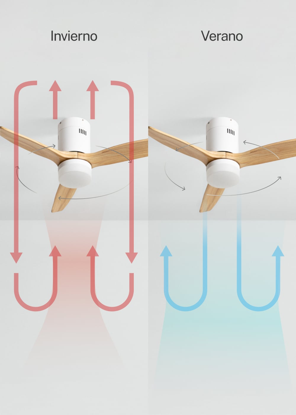 Ventilador de techo con flechas rojas para invierno y azules para verano.
