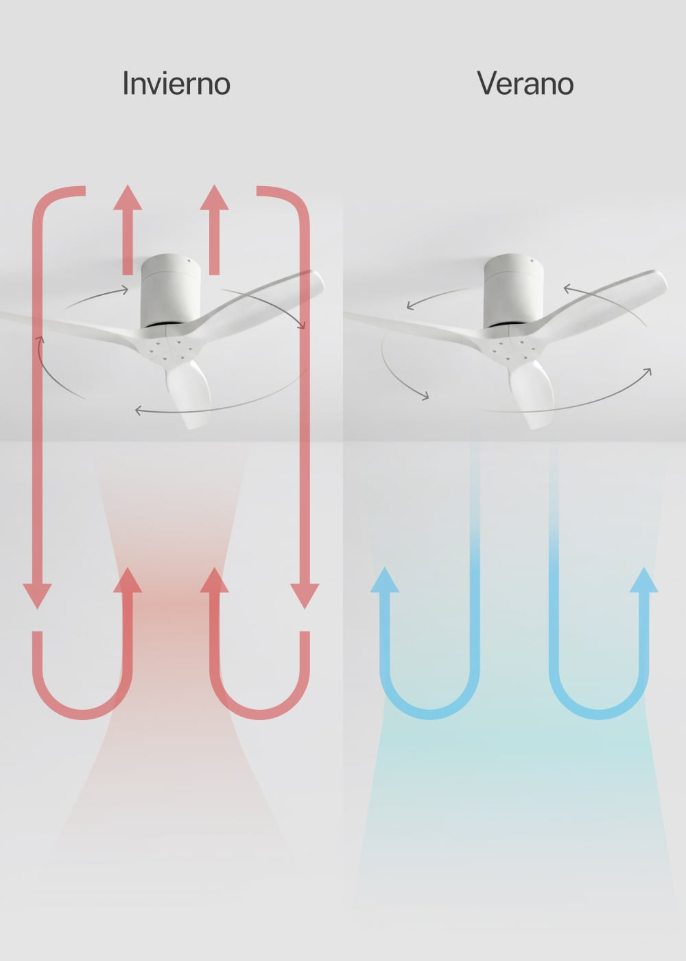 Ventiladores de techo: Modo invierno (izquierda) sube aire, modo verano (derecha) baja aire.