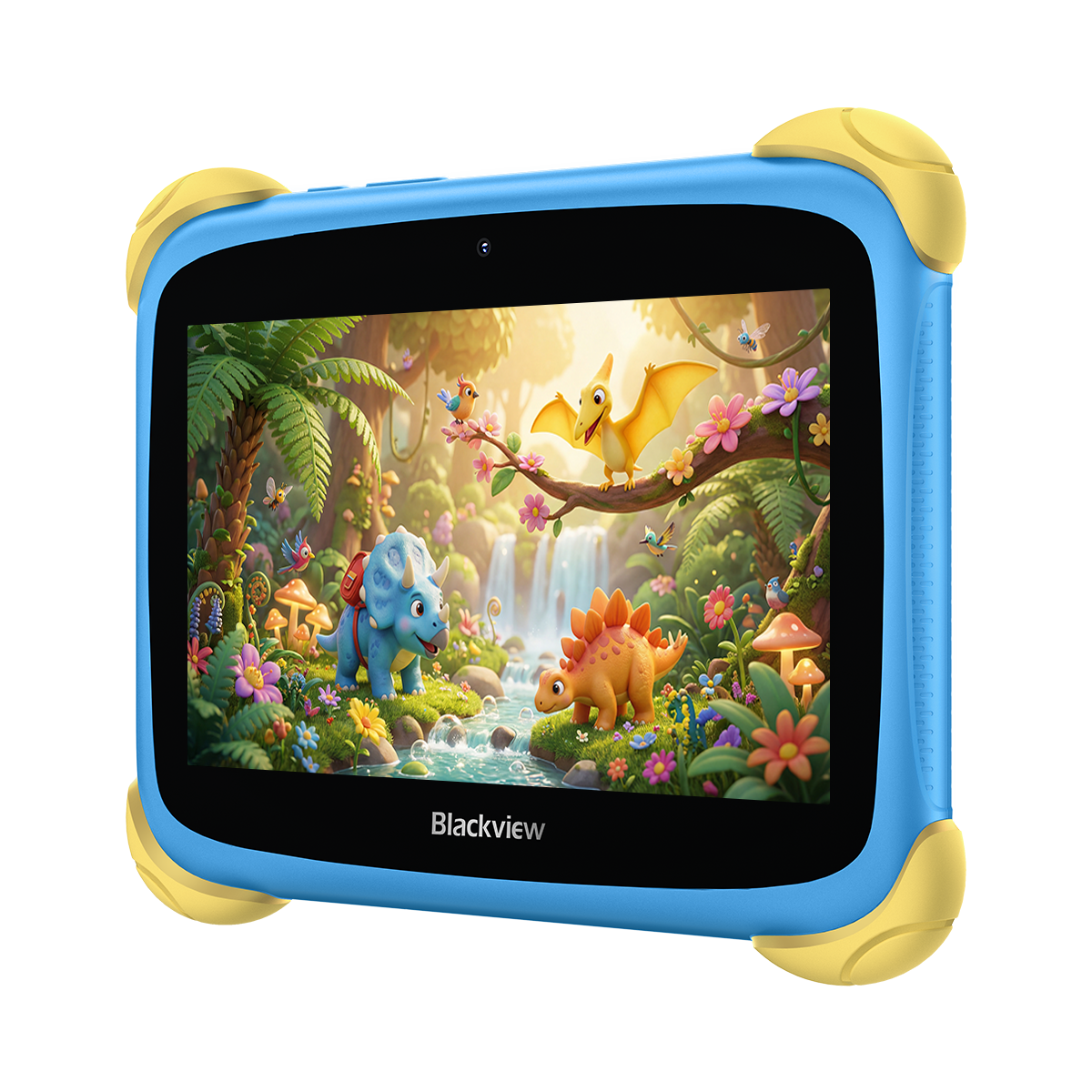 A blue tablet with yellow corners displays a colorful dinosaur scene with a waterfall.