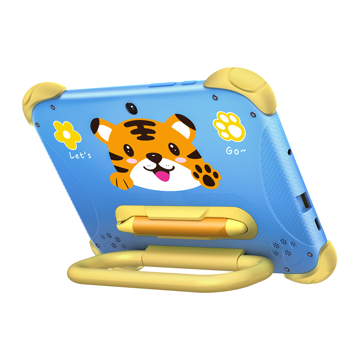 Una tableta infantil azul con soporte amarillo y un tigre de dibujos animados.