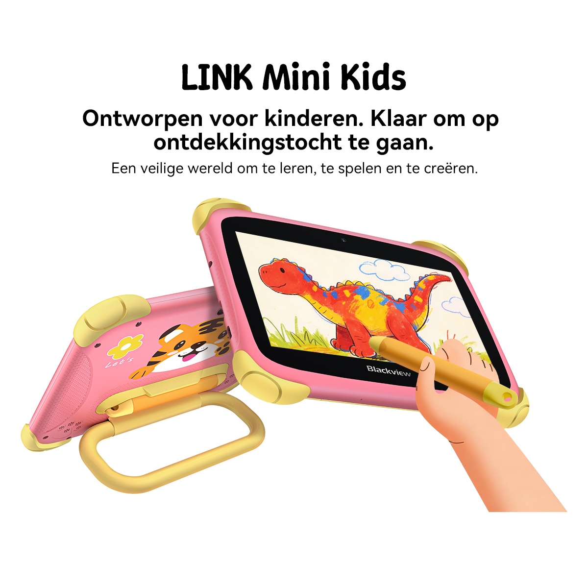 A pink kids' tablet with a yellow stand shows a dinosaur drawing. A hand uses a stylus.