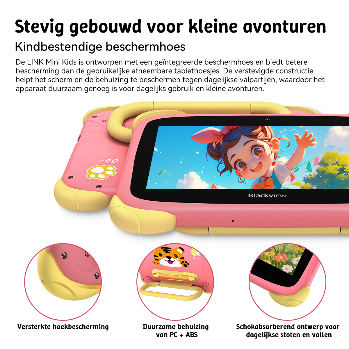 A pink tablet with yellow corners featuring a cartoon girl on screen.