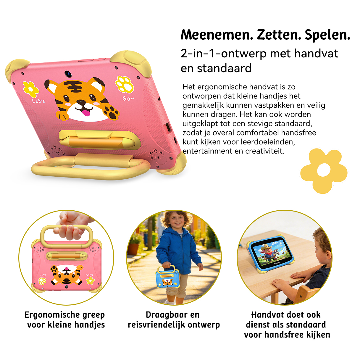 A pink tablet with tiger design, handle, and stand. Shows children with the tablet.