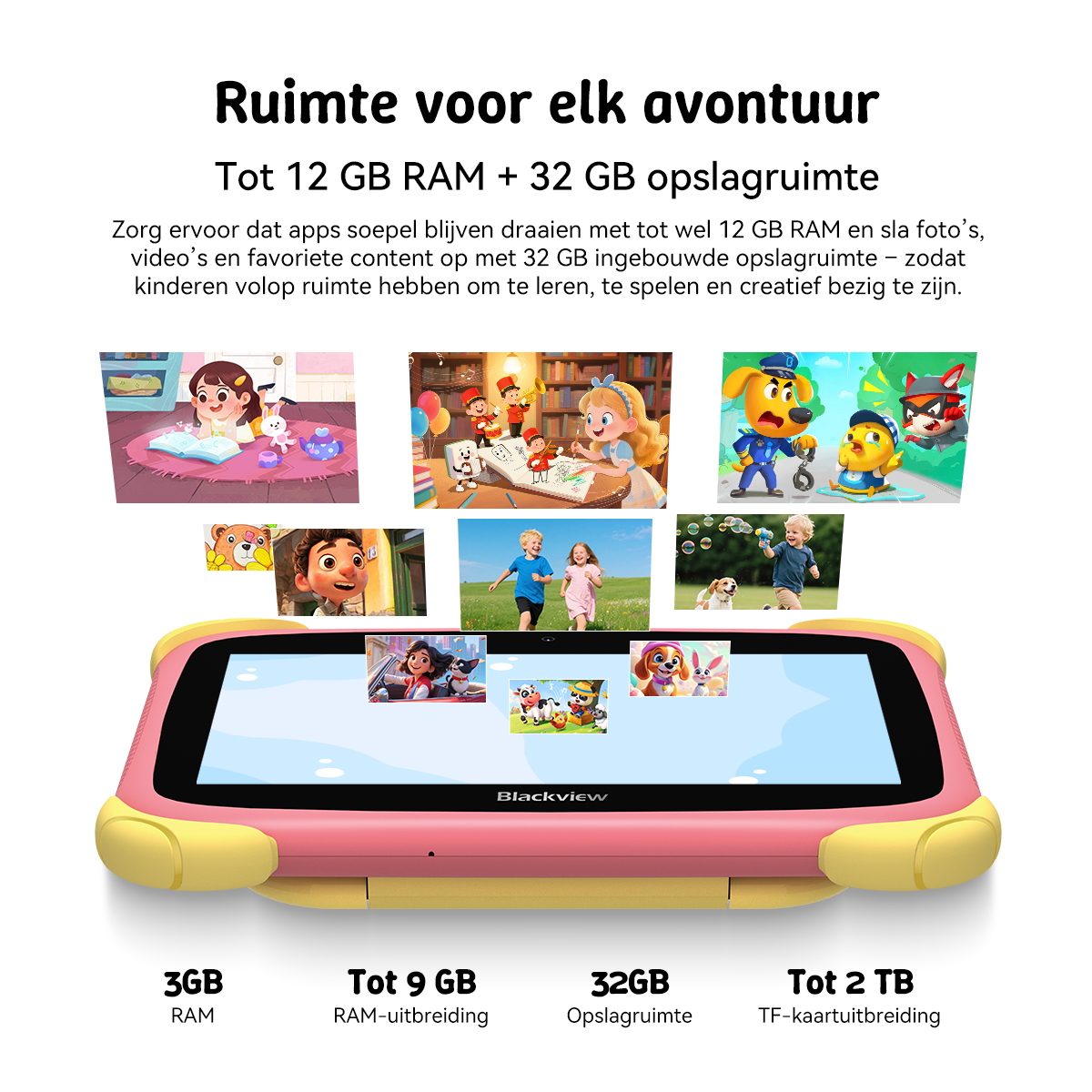 A pink and yellow tablet displaying screens showing scenes from children's shows and games.