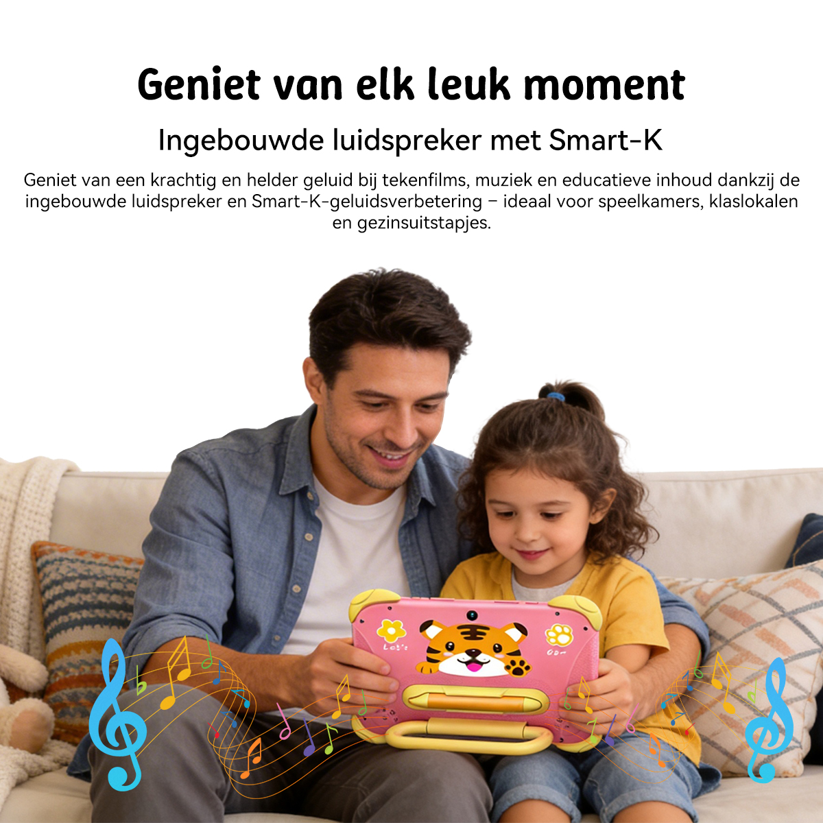 Man and child look at a pink tablet with a tiger design, surrounded by musical notes.