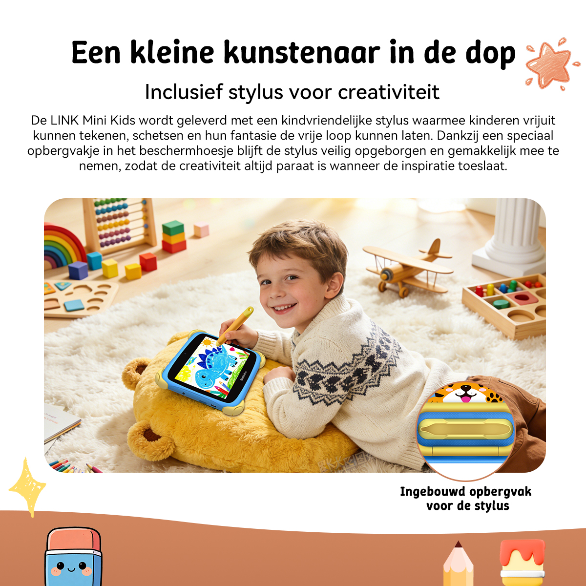 A boy draws on a tablet lying on a bear pillow. Toys in background.