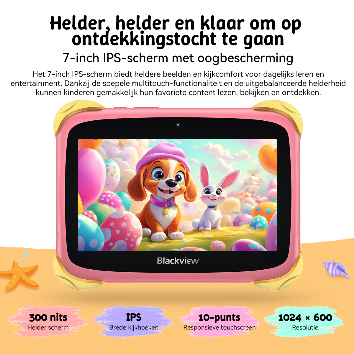 A pink tablet displays a dog and a bunny in front of colorful Easter eggs.
