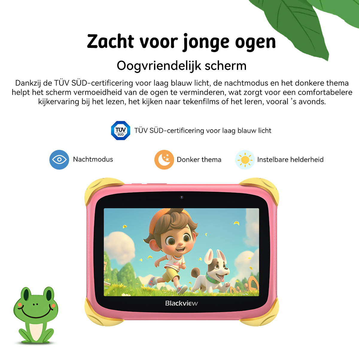A pink tablet displays a cartoon of a boy and dog. A frog is on the left.