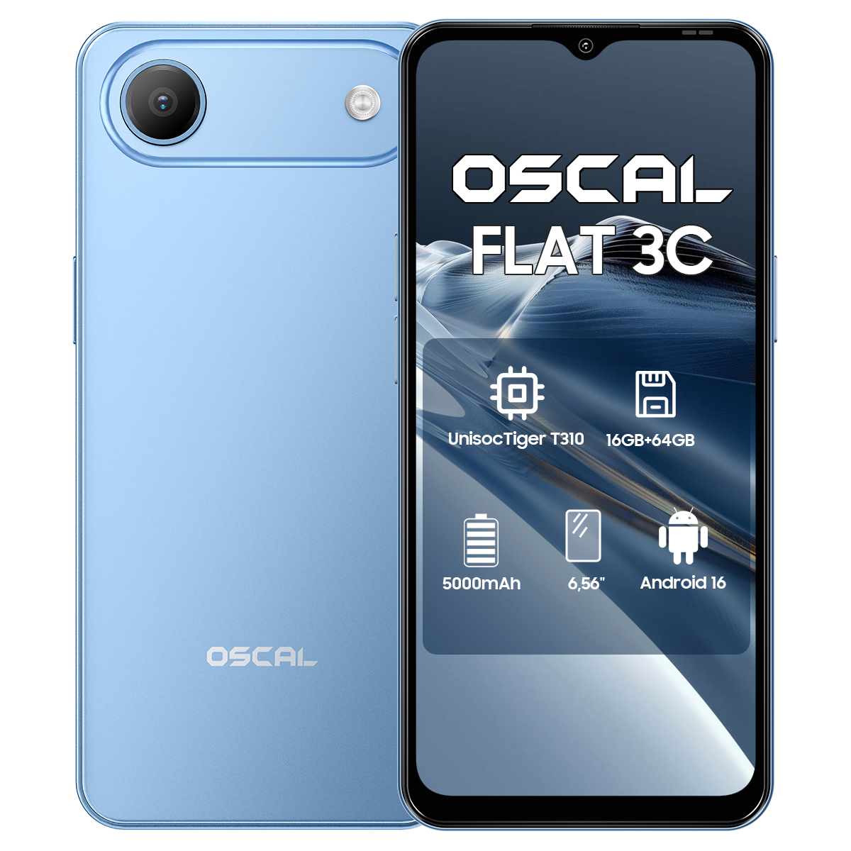 Ein hellblaues OSCAL FLAT 3C Smartphone mit technischen Details.