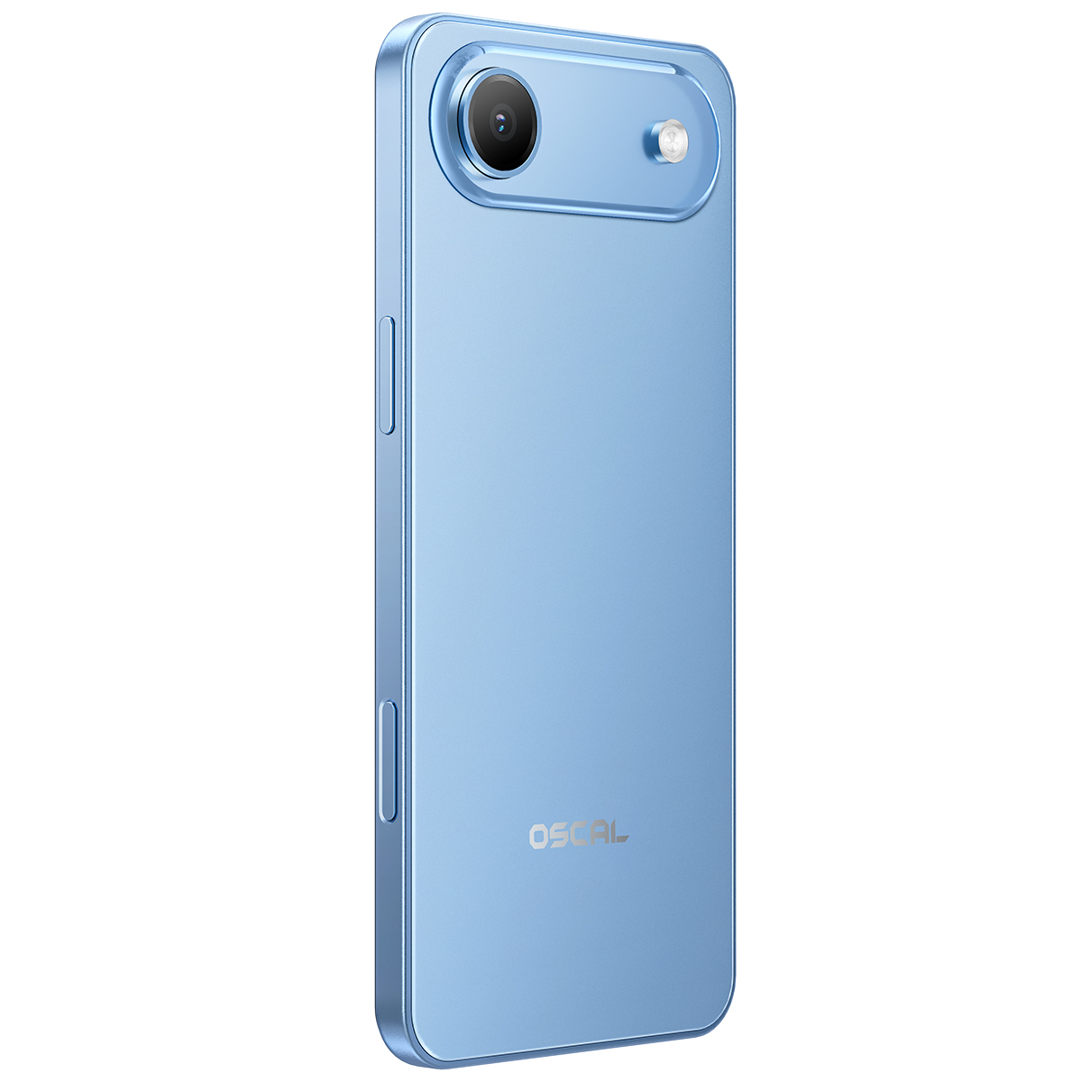 Ein hellblaues Smartphone mit einer einzelnen Kamera und Blitz auf der Rückseite.