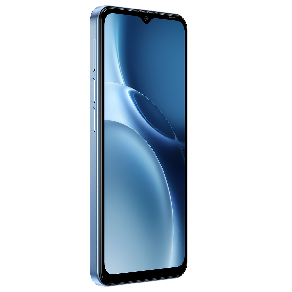 Ein hellblaues Smartphone mit einem tropfenförmigen Ausschnitt und abgerundeten Ecken.