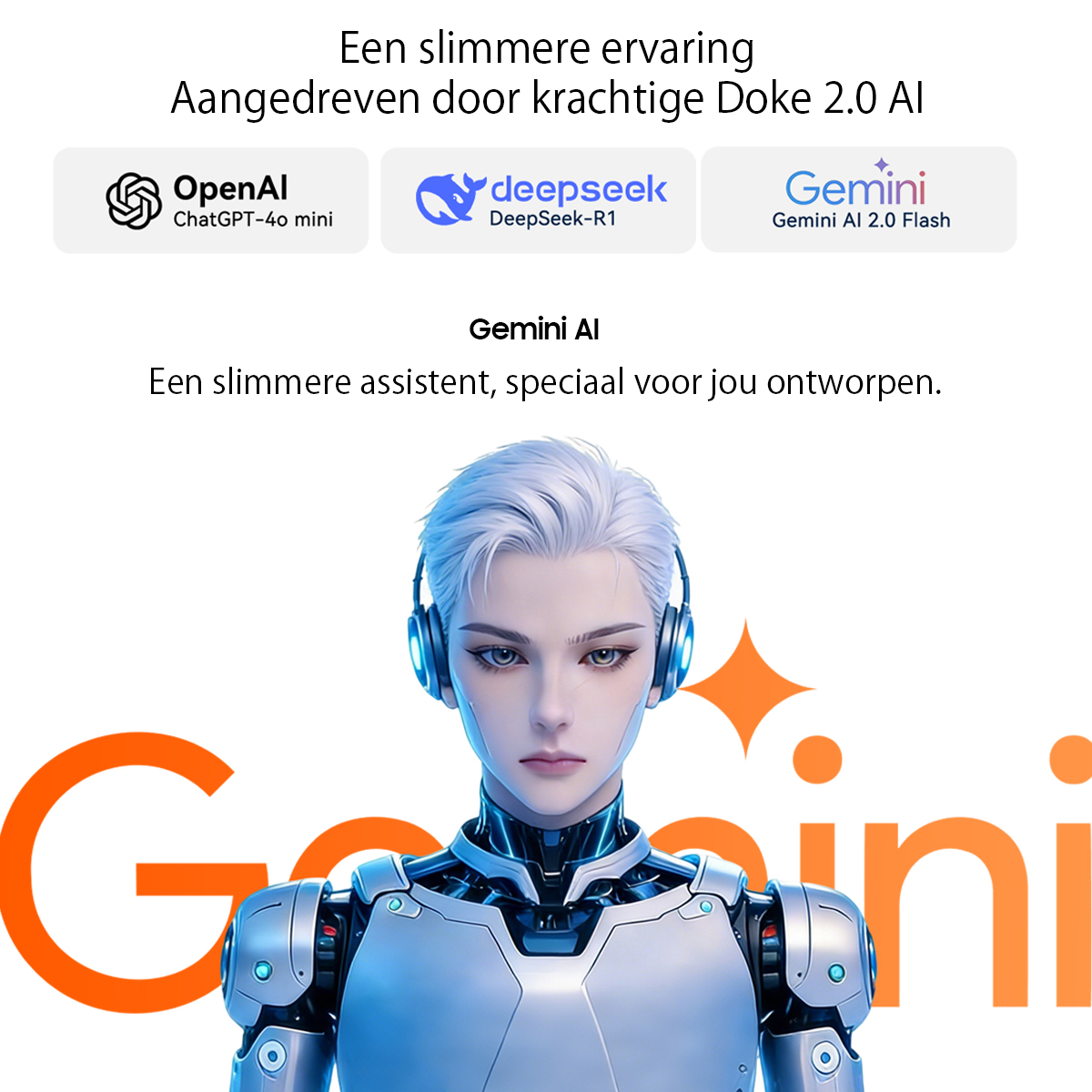 Un assistente AI con capelli bianchi e cuffie davanti a un logo Gemini arancione.