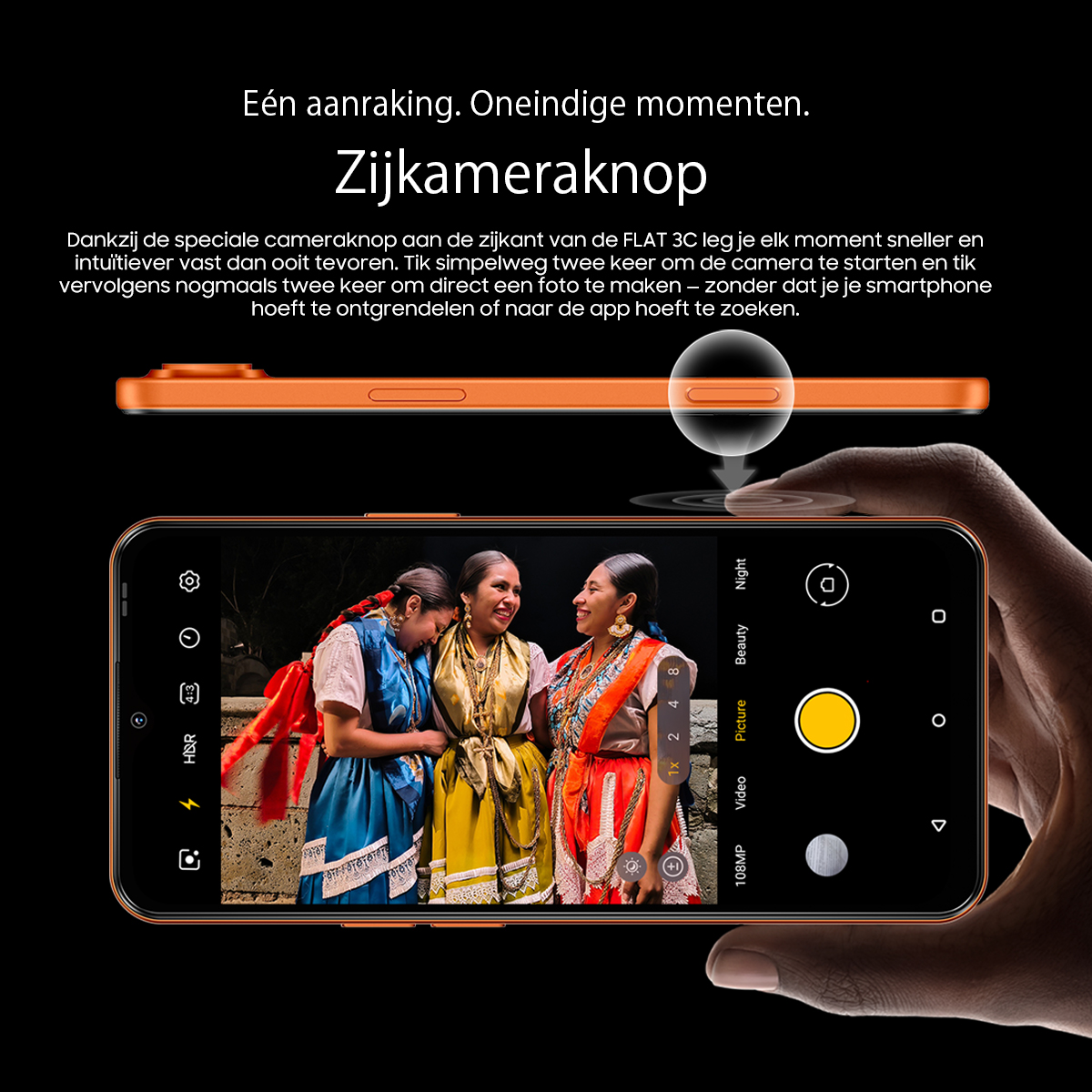 Smartphone arancione mostra tre donne in abiti tradizionali. App fotocamera aperta.