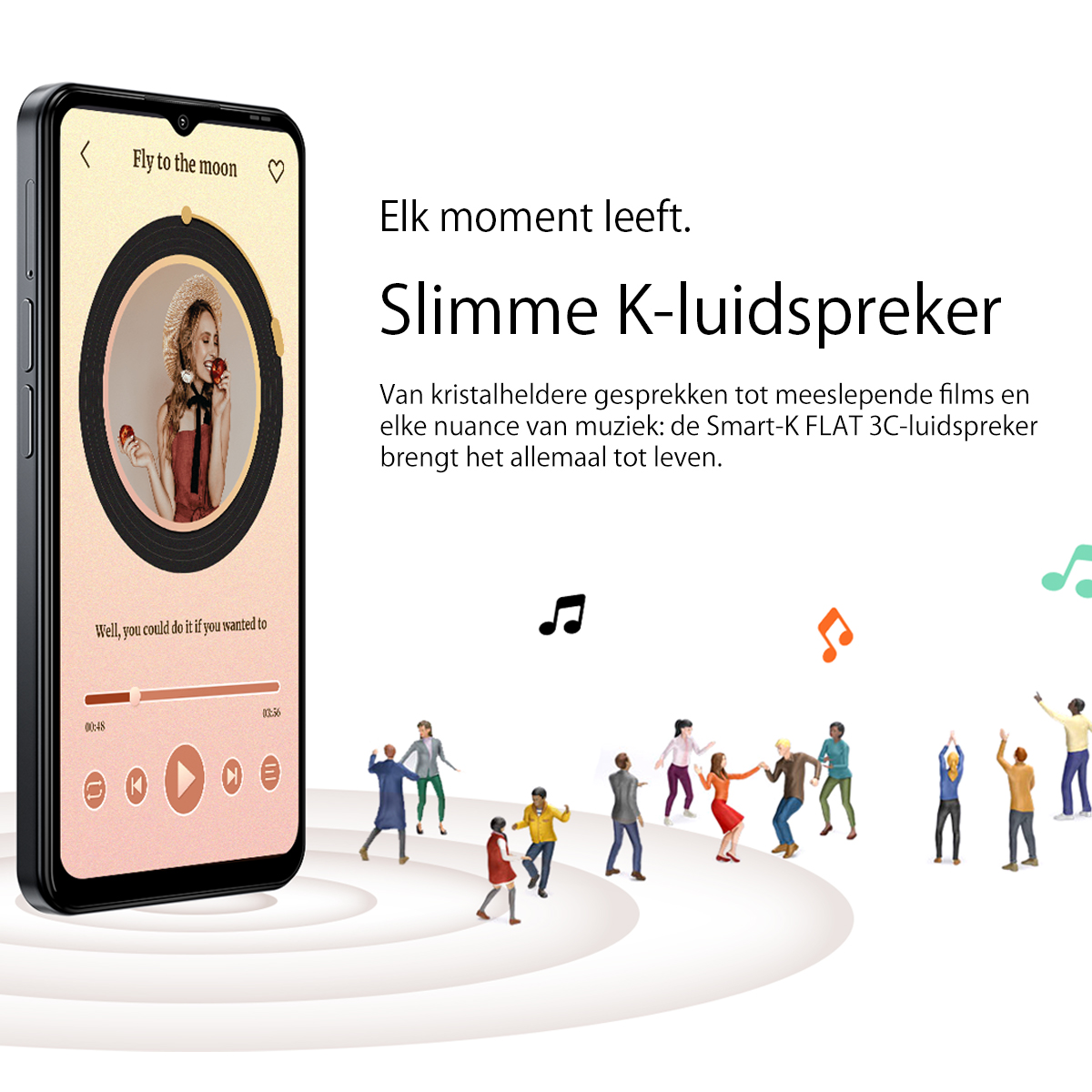 Uno smartphone mostra la riproduzione musicale, accanto a piccole figure che ballano.