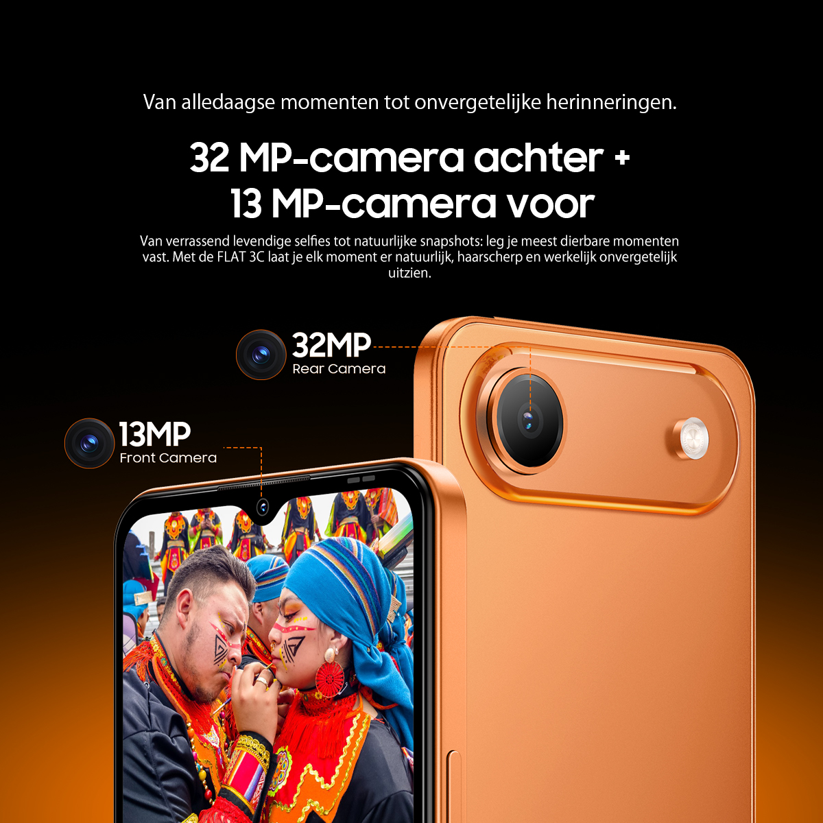 Smartphone arancione con fotocamera posteriore da 32MP e anteriore da 13MP.
