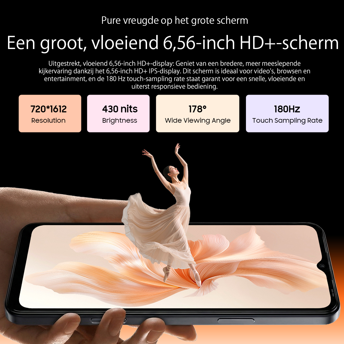Schermo telefono con ballerina. Specifiche: risoluzione 720x1612, luminosità 430 nits, angolo visivo 178°, touch 180Hz.