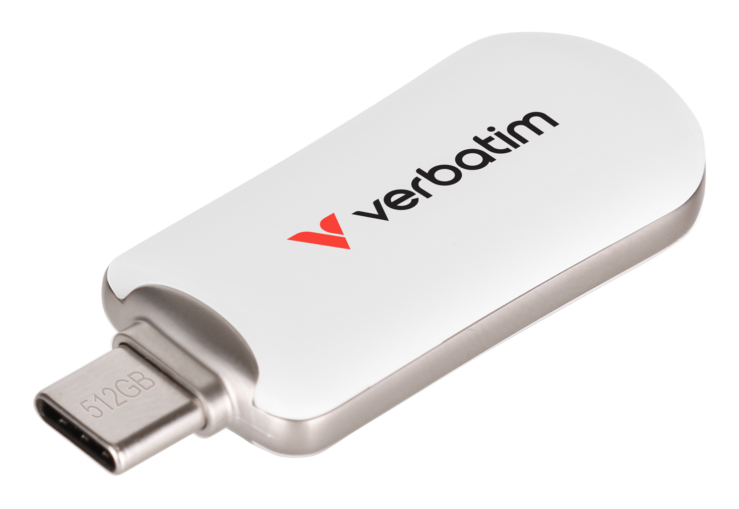 Viene mostrata una chiavetta USB-C Verbatim bianca da 512 GB.