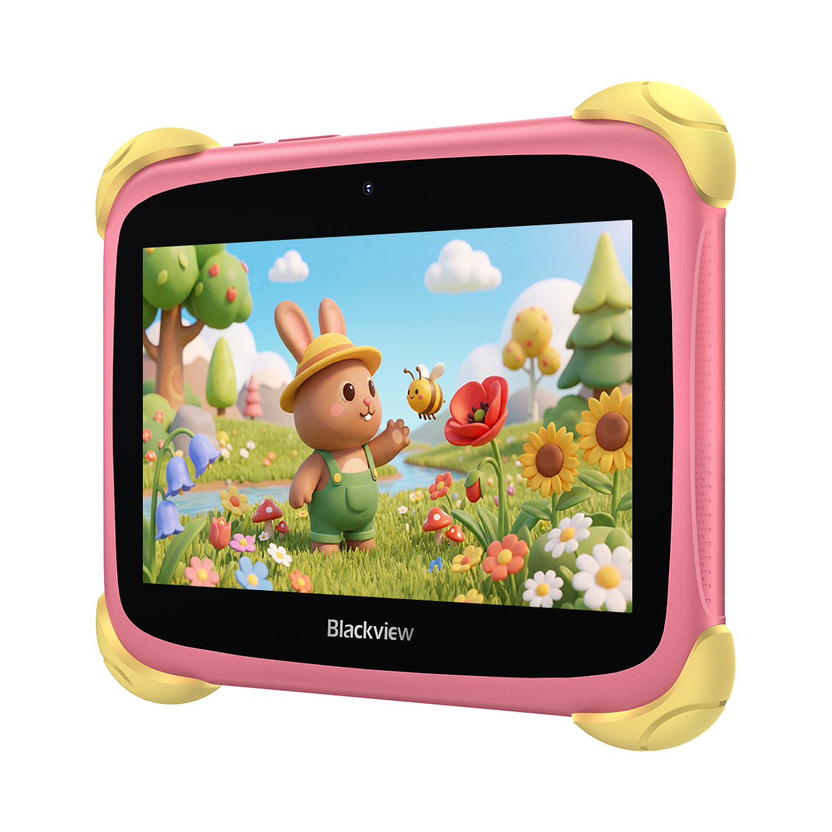 A pink tablet with yellow corners displays a scene with a bunny and a bee.