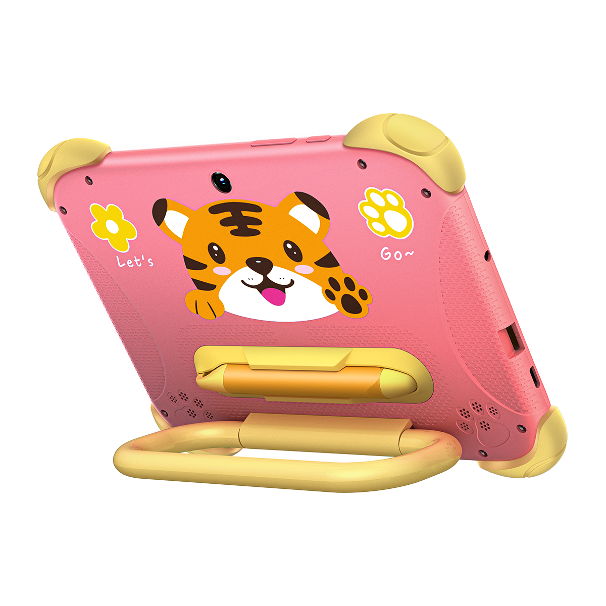 Una tableta rosa con un adhesivo de tigre y un soporte amarillo.