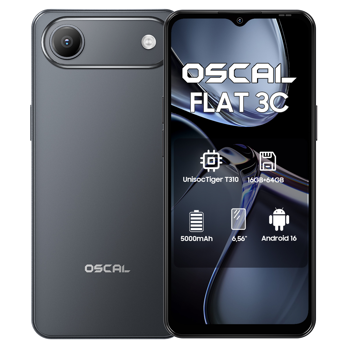 Graues OSCAL FLAT 3C Smartphone mit Kamera, 5000mAh Akku, 6,56 Zoll Display.