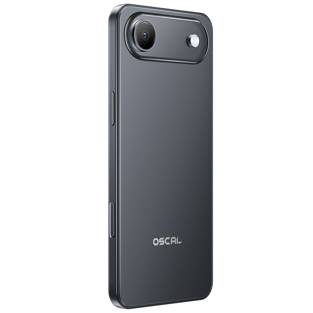 Ein dunkles Smartphone mit zwei Kameras auf der Rückseite und dem OSCAL-Logo.