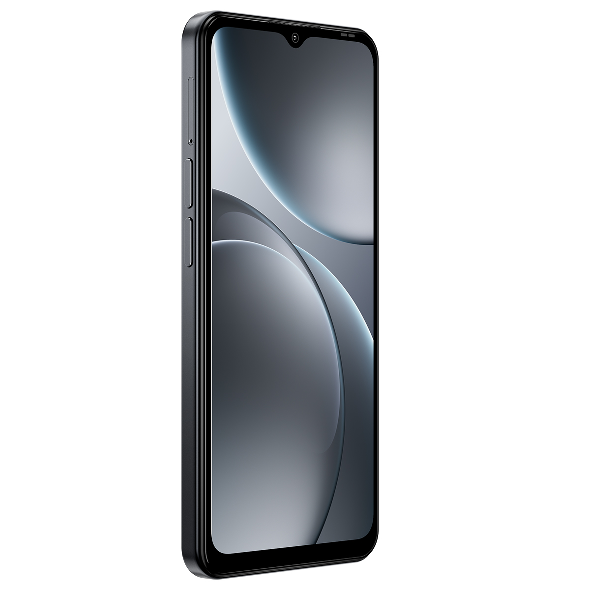 Ein schwarzes Smartphone mit einem tropfenförmigen Ausschnitt für die Kamera.