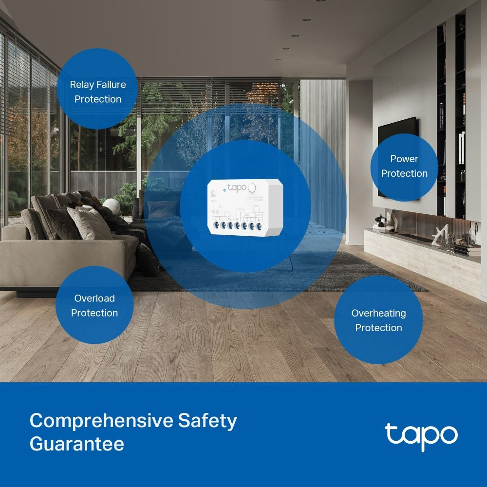 Un dispositivo Tapo en una sala de estar con protección contra sobrecarga, sobrecalentamiento, energía y fallo de relé.