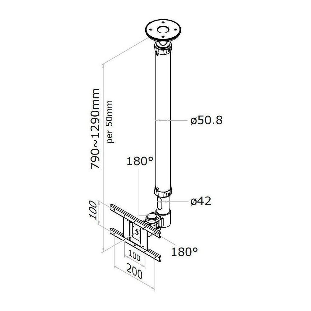 Dessin technique d'un support plafond pour écrans, montrant dimensions et angles.