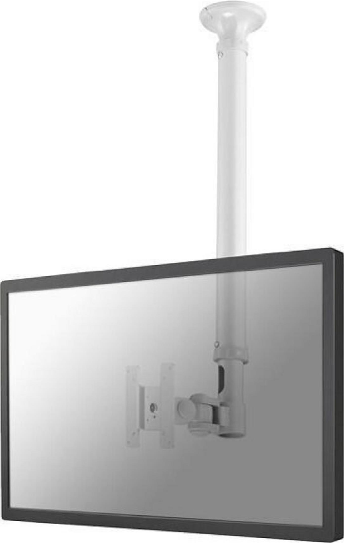Un support de plafond blanc pour un téléviseur à écran plat avec cadre noir.