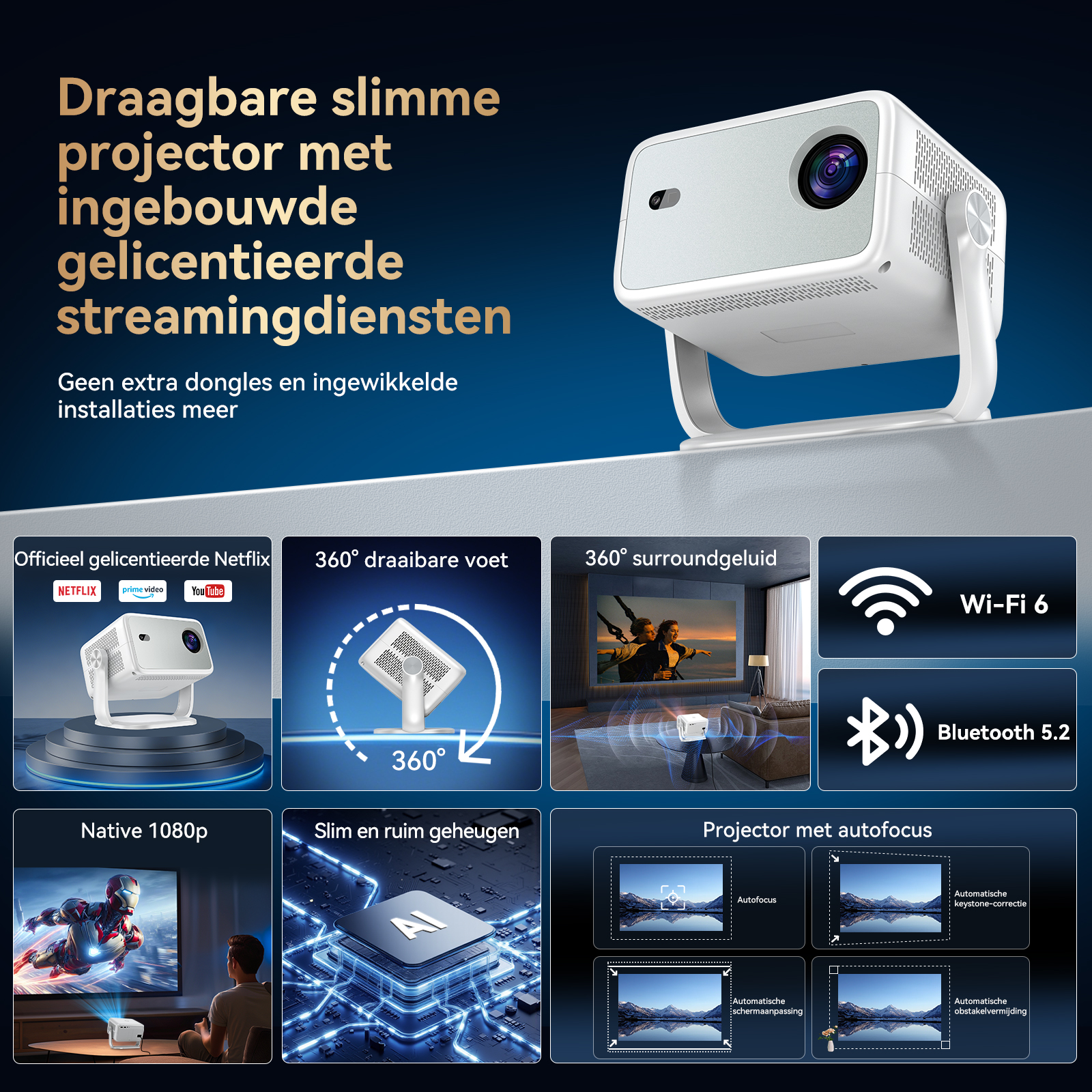 Draagbare slimme projector met Netflix, Prime Video, YouTube. 360° voet, surround sound, Wi-Fi 6, Bluetooth 5.2.