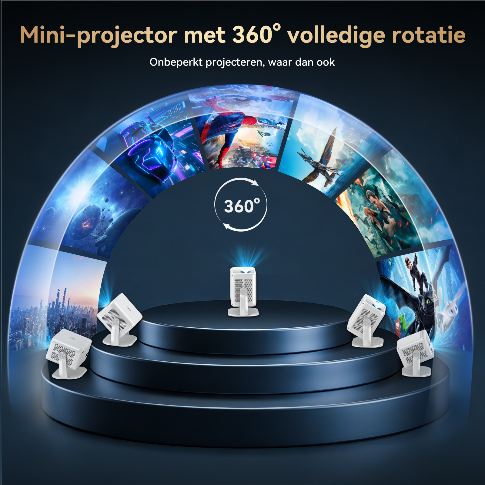Mini projectoren op treden, omringd door een boog van filmclips.