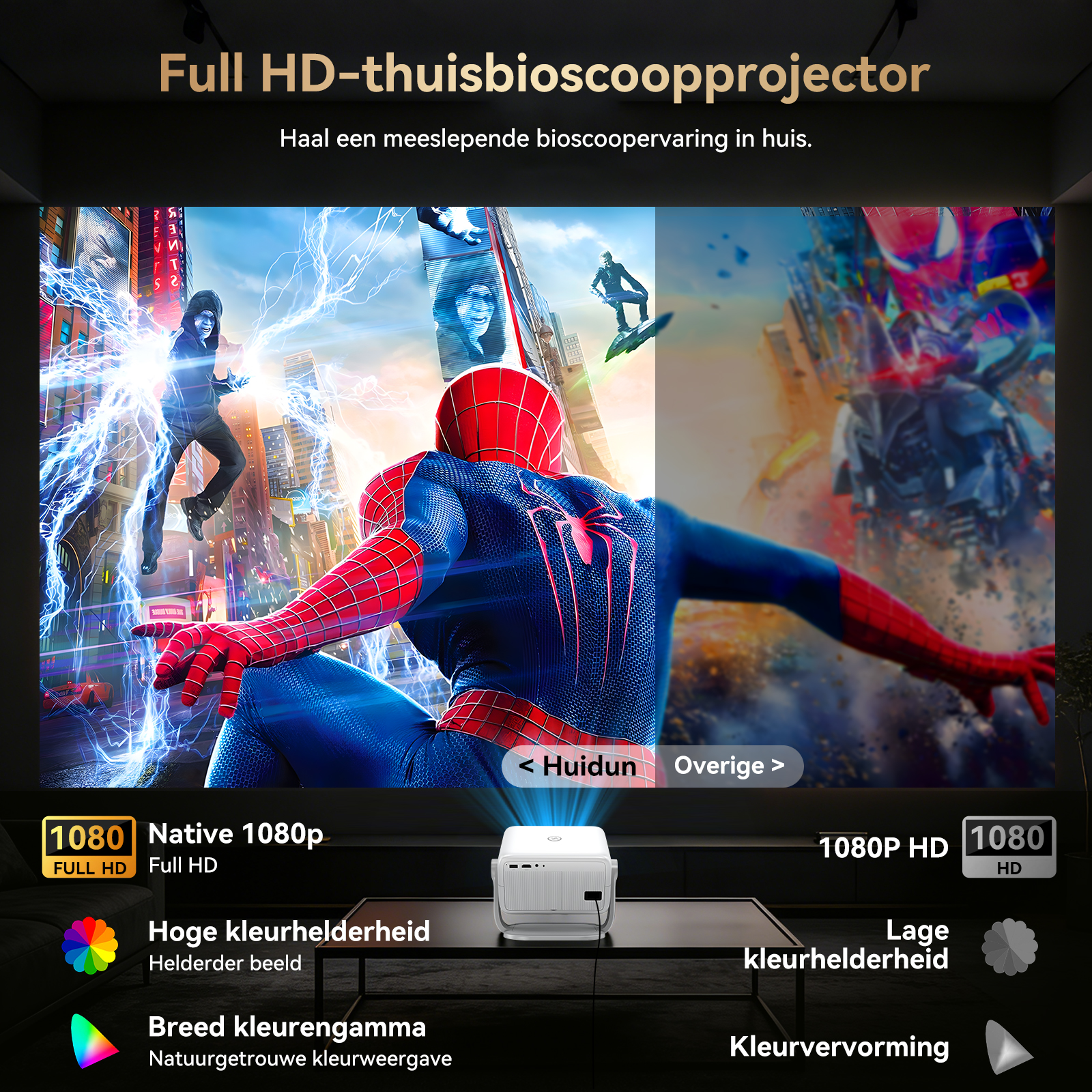 Spiderman-scène, projector adverteert Full HD, hoge helderheid.