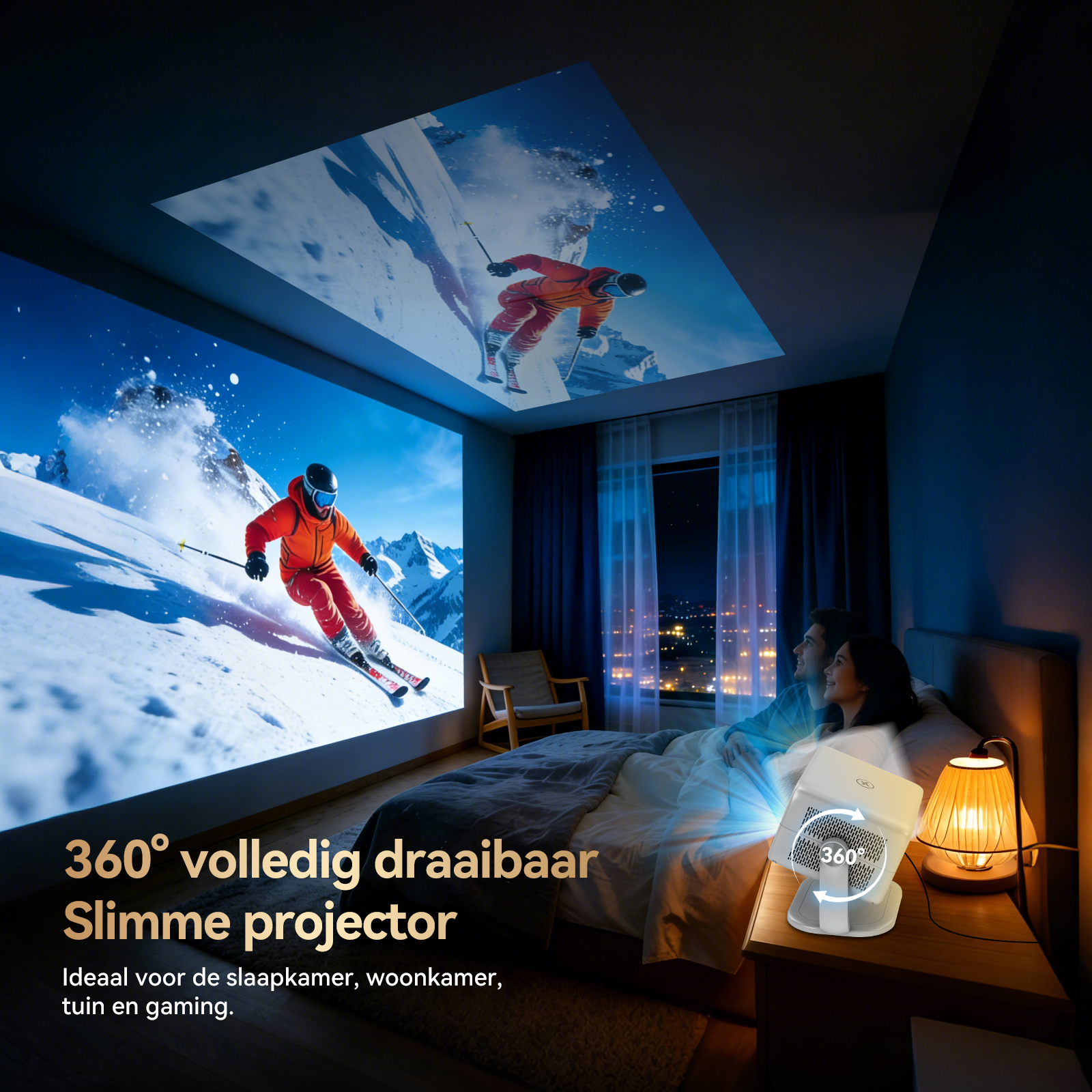Een stel kijkt naar een skiër geprojecteerd op een groot scherm in een donkere slaapkamer.