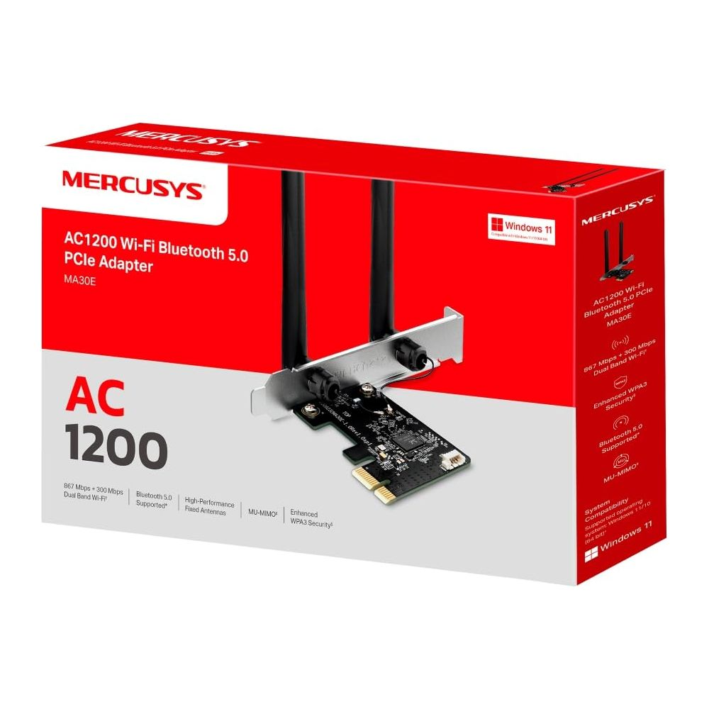 MERCUSYS AC1200 Wi-Fi Bluetooth 5.0 PCIe Adapter MA30E mit Antennen.