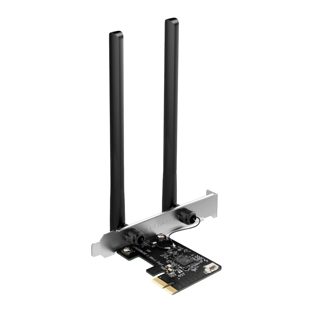Eine WLAN-Netzwerkkarte mit zwei schwarzen Antennen und einem silbernen Metallgehäuse.