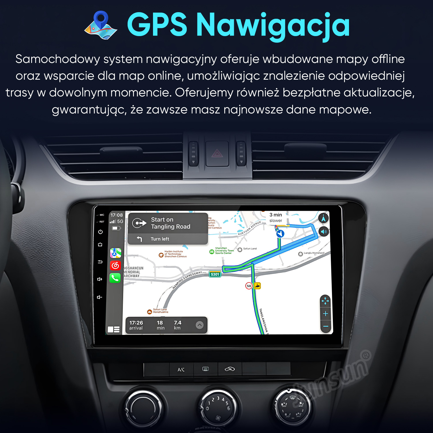 Deska rozdzielcza samochodu z ekranem nawigacji GPS pokazującym trasę.