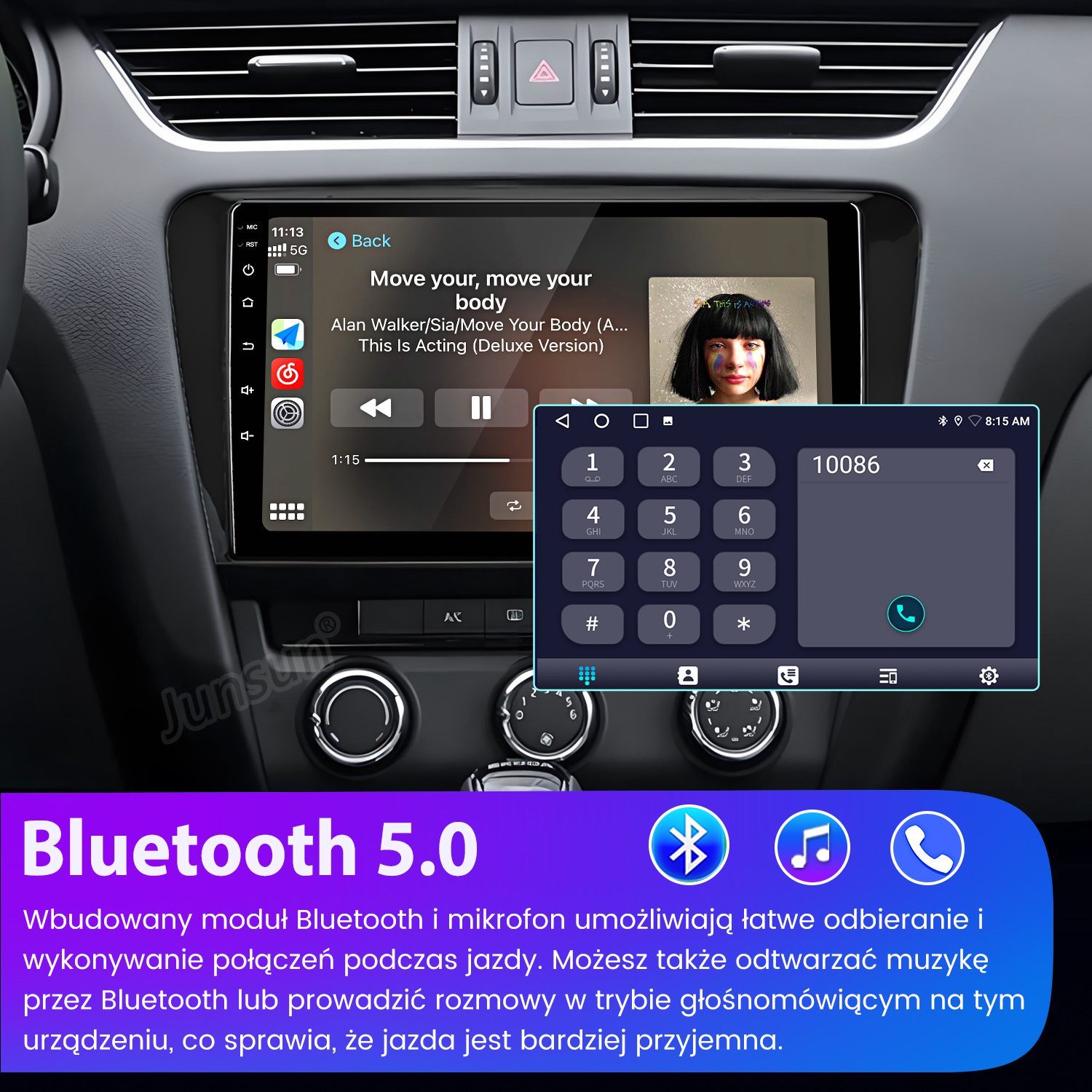Ekran systemu multimedialnego samochodu pokazujący odtwarzacz muzyki, klawiaturę numeryczną i informacje o Bluetooth 5.0.