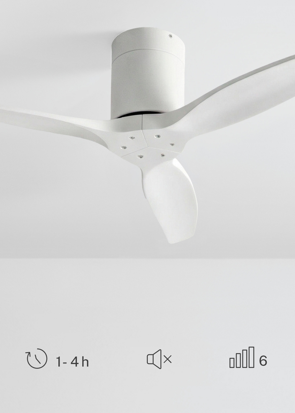 Ventilador de techo blanco con tres aspas, temporizador e iconos de volumen.